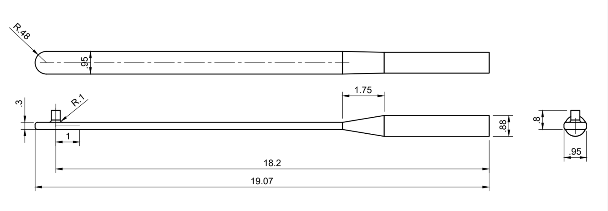 An engineering drawing of a wrench from different views